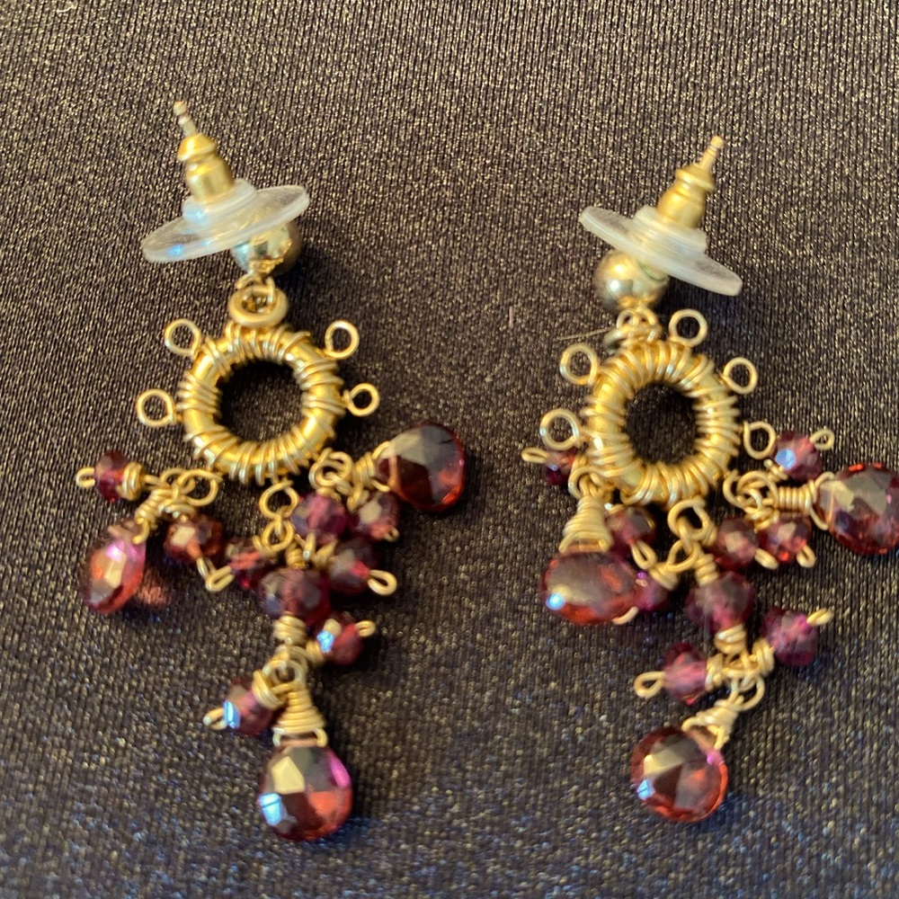 Post small chandelier earrings with red beads
